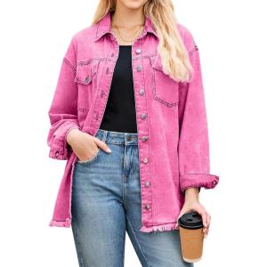 LookbookStore Jean Jacket Women Trendy Oversized Button Down Long Sleeve Frayed Hem Denim Shirt Jackets Distress Shacket(Magenta Pink)