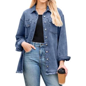 LookbookStore Jean Jacket Women Trendy Oversized Button Down Long Sleeve Frayed Hem Denim Shirt Jackets Distress Shacket(Thousand Oceans Blue)