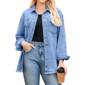 LookbookStore Jean Jacket Women Trendy Oversized Button Down Long Sleeve Frayed Hem Denim Shirt Jackets Distress Shacket(Wave Blue)