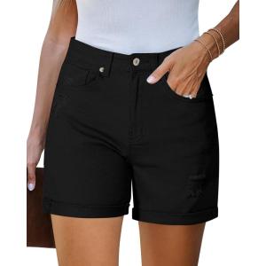 LookbookStore Jean Shorts Womens Stretchy High Waisted Ripped Denim Shorts with Pockets Trendy Distressed Cut Off Shorts(True Black)