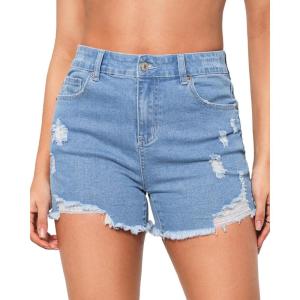LookbookStore Jean Shorts for Women High Waisted Distressed Frayed Raw Hem Ripped Stretchy Denim Shorts with Pockets(Blue Breeze)