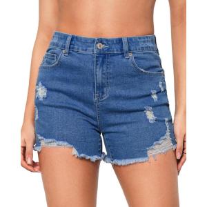 LookbookStore Jean Shorts for Women High Waisted Distressed Frayed Raw Hem Ripped Stretchy Denim Shorts with Pockets(Classic Blue)