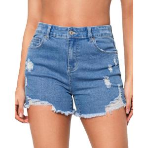 LookbookStore Jean Shorts for Women High Waisted Distressed Frayed Raw Hem Ripped Stretchy Denim Shorts with Pockets(Medium Blue)