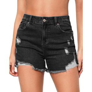 LookbookStore Jean Shorts for Women High Waisted Distressed Frayed Raw Hem Ripped Stretchy Denim Shorts with Pockets(Washed Black)