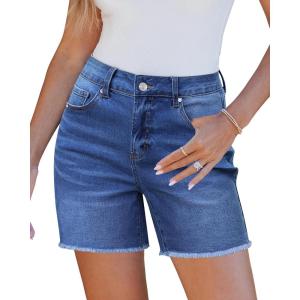 LookbookStore Jean Shorts for Women High Waisted Raw Hem Mid Thigh Cut Off Stretchy Denim Shorts Casual Summer Jorts(Classic Blue)