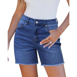 LookbookStore Jean Shorts for Women High Waisted Raw Hem Mid Thigh Cut Off Stretchy Denim Shorts Casual Summer Jorts(Darkness Blue)