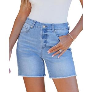 LookbookStore Jean Shorts for Women High Waisted Raw Hem Mid Thigh Cut Off Stretchy Denim Shorts Casual Summer Jorts(Lakeside Blue)