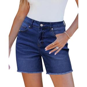 LookbookStore Jean Shorts for Women High Waisted Raw Hem Mid Thigh Cut Off Stretchy Denim Shorts Casual Summer Jorts(Nightfall Blue)
