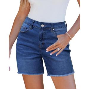 LookbookStore Jean Shorts for Women High Waisted Raw Hem Mid Thigh Cut Off Stretchy Denim Shorts Casual Summer Jorts(Timeless Blue)