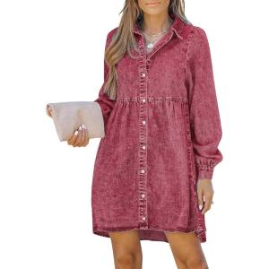 LookbookStore Long Sleeve Denim Dress for Women Jean Dress Button Down Casual Babydoll Denim Shirt Dress(Baroque Rose)