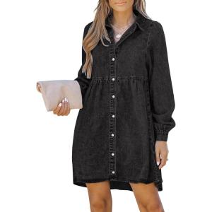 LookbookStore Long Sleeve Denim Dress for Women Jean Dress Button Down Casual Babydoll Denim Shirt Dress(Vintage Black)