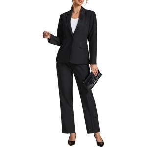 LookbookStore Pant Suits for Women Dressy 2 Piece Blazer and High Rise Straight Leg Pants Sets Business Casual Outfits(Black)