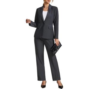 LookbookStore Pant Suits for Women Dressy 2 Piece Blazer and High Rise Straight Leg Pants Sets Business Casual Outfits(Charcoal)