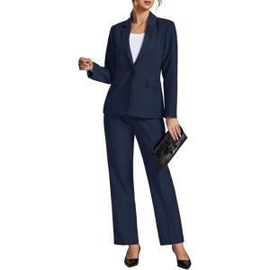 LookbookStore Pant Suits for Women Dressy 2 Piece Blazer and High Rise Straight Leg Pants Sets Business Casual Outfits(Navy Blue)