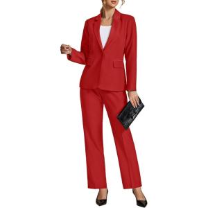 LookbookStore Pant Suits for Women Dressy 2 Piece Blazer and High Rise Straight Leg Pants Sets Business Casual Outfits(Red)