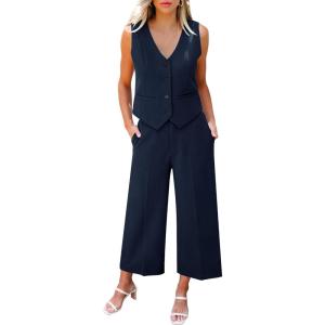 LookbookStore Pant Suits for Women Dressy Two Piece Business Casual Outfits Sleeveless Blazer Summer Vest and Pants Sets(Dark Blue)