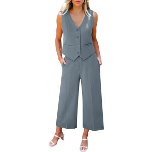 LookbookStore Pant Suits for Women Dressy Two Piece Business Casual Outfits Sleeveless Blazer Summer Vest and Pants Sets(Gray)