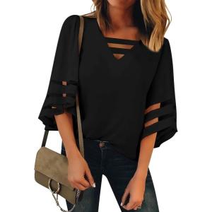 LookbookStore Tops for Women Trendy 2024 Dressy Casual V Neck Mesh Panel Blouse 3/4 Bell Sleeve Shirt(Black)