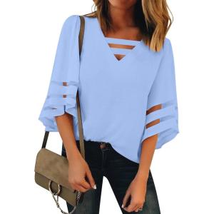 LookbookStore Tops for Women Trendy 2024 Dressy Casual V Neck Mesh Panel Blouse 3/4 Bell Sleeve Shirt(Hydrangea Purple Blue)