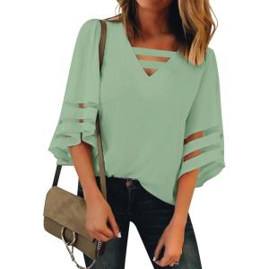 LookbookStore Tops for Women Trendy 2024 Dressy Casual V Neck Mesh Panel Blouse 3/4 Bell Sleeve Shirt(Mint Green)