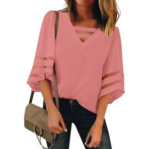 LookbookStore Tops for Women Trendy 2024 Dressy Casual V Neck Mesh Panel Blouse 3/4 Bell Sleeve Shirt(Pink)