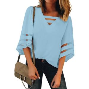 LookbookStore Tops for Women Trendy 2024 Dressy Casual V Neck Mesh Panel Blouse 3/4 Bell Sleeve Shirt(Sky Blue)
