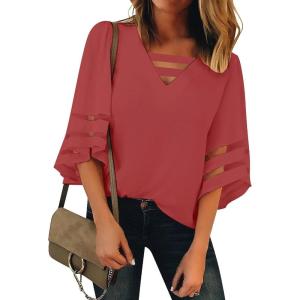 LookbookStore Tops for Women Trendy 2024 Dressy Casual V Neck Mesh Panel Blouse 3/4 Bell Sleeve Shirt(Tea Rose)
