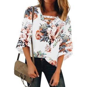 LookbookStore Tops for Women Trendy 2024 Dressy Casual V Neck Mesh Panel Blouse 3/4 Bell Sleeve Shirt(White Floral)