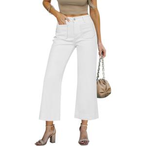 LookbookStore Wide Leg Cropped Jeans for Women High Waisted Stretchy Denim Jean Pants Baggy Flare Trouser Jeans Pockets(Cream White)