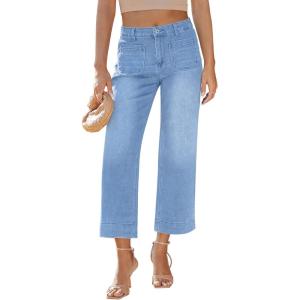 LookbookStore Wide Leg Cropped Jeans for Women High Waisted Stretchy Denim Jean Pants Baggy Flare Trouser Jeans Pockets(Lakeside Blue)