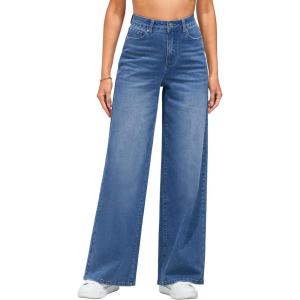 LookbookStore Wide Leg Jeans for Women High Waisted Stretchy Denim Jeans Fashion Baggy Trouser Jean Pants with Pockets(Fresh Bright Blue)