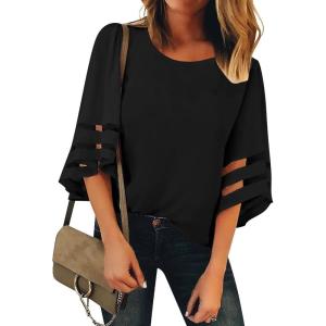 LookbookStore Women Casual Crew Neck Shirt Top 3/4 Bell Sleeve Mesh Panel Blouse(Black)