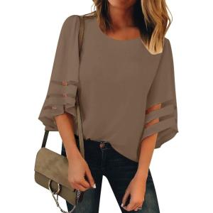 LookbookStore Women Casual Crew Neck Shirt Top 3/4 Bell Sleeve Mesh Panel Blouse(Brown)
