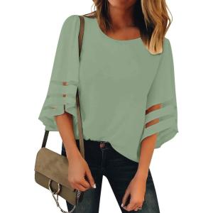 LookbookStore Women Casual Crew Neck Shirt Top 3/4 Bell Sleeve Mesh Panel Blouse(Iceberg Green)