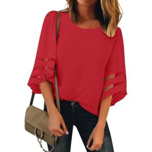 LookbookStore Women Casual Crew Neck Shirt Top 3/4 Bell Sleeve Mesh Panel Blouse(True Red)