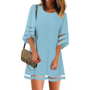 LookbookStore Women Casual Crewneck Mesh Panel 3/4 Bell Sleeve Loose Tunic Dress(Air Blue)