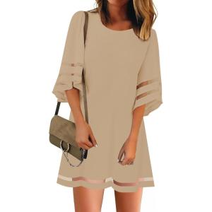 LookbookStore Women Casual Crewneck Mesh Panel 3/4 Bell Sleeve Loose Tunic Dress(Beige)