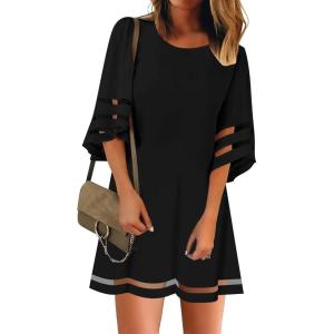 LookbookStore Women Casual Crewneck Mesh Panel 3/4 Bell Sleeve Loose Tunic Dress(Black)
