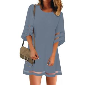 LookbookStore Women Casual Crewneck Mesh Panel 3/4 Bell Sleeve Loose Tunic Dress(Blue Gray)