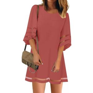 LookbookStore Women Casual Crewneck Mesh Panel 3/4 Bell Sleeve Loose Tunic Dress(Cranberry)