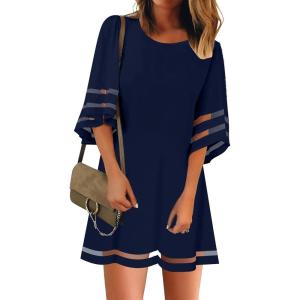 LookbookStore Women Casual Crewneck Mesh Panel 3/4 Bell Sleeve Loose Tunic Dress(Dark Sapphire)