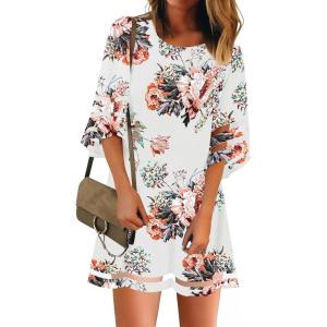 LookbookStore Women Casual Crewneck Mesh Panel 3/4 Bell Sleeve Loose Tunic Dress(Floral Pirnt Brilliant White)