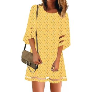 LookbookStore Women Casual Crewneck Mesh Panel 3/4 Bell Sleeve Loose Tunic Dress(Floral Printed Yellow)
