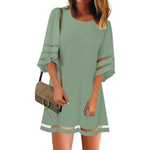 LookbookStore Women Casual Crewneck Mesh Panel 3/4 Bell Sleeve Loose Tunic Dress(Granite Green)