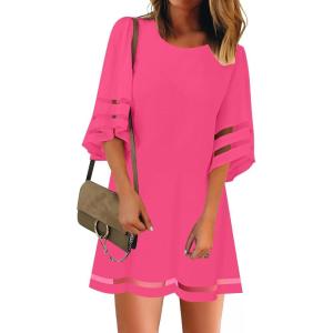 LookbookStore Women Casual Crewneck Mesh Panel 3/4 Bell Sleeve Loose Tunic Dress(Hot Pink)