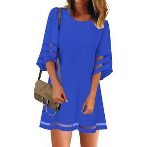 LookbookStore Women Casual Crewneck Mesh Panel 3/4 Bell Sleeve Loose Tunic Dress(Lapis Blue)