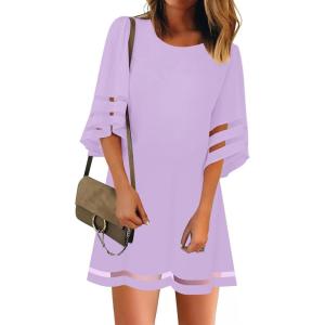 LookbookStore Women Casual Crewneck Mesh Panel 3/4 Bell Sleeve Loose Tunic Dress(Lavendula)