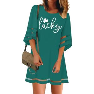 LookbookStore Women Casual Crewneck Mesh Panel 3/4 Bell Sleeve Loose Tunic Dress(Lucky Evergreen)
