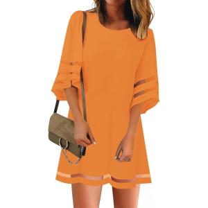 LookbookStore Women Casual Crewneck Mesh Panel 3/4 Bell Sleeve Loose Tunic Dress(Orange)