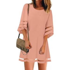 LookbookStore Women Casual Crewneck Mesh Panel 3/4 Bell Sleeve Loose Tunic Dress(Peach Beige)